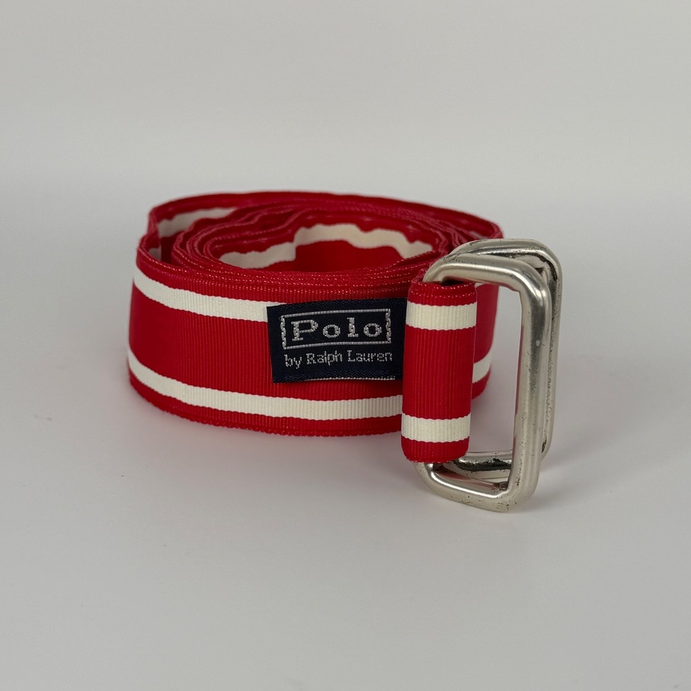 Vintage Polo Ralph Lauren Belt Red White Stripe D Ring Webbing Made USA 50in